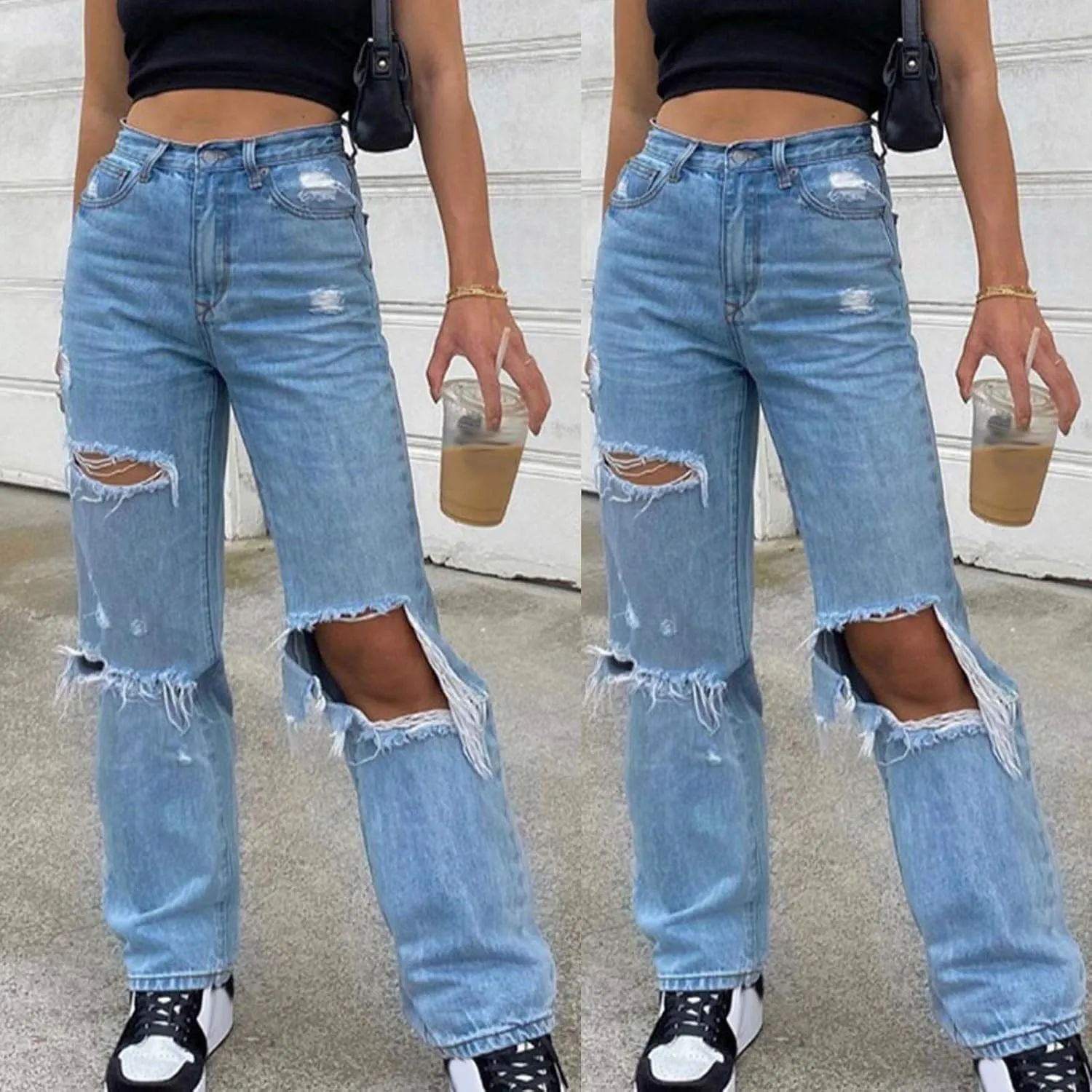 Baggy Jeans for Women Work Ripped Distressed High Rise Y2K E-Girl Fashion Oversized Baggy Loose Wide Leg Denim Pants