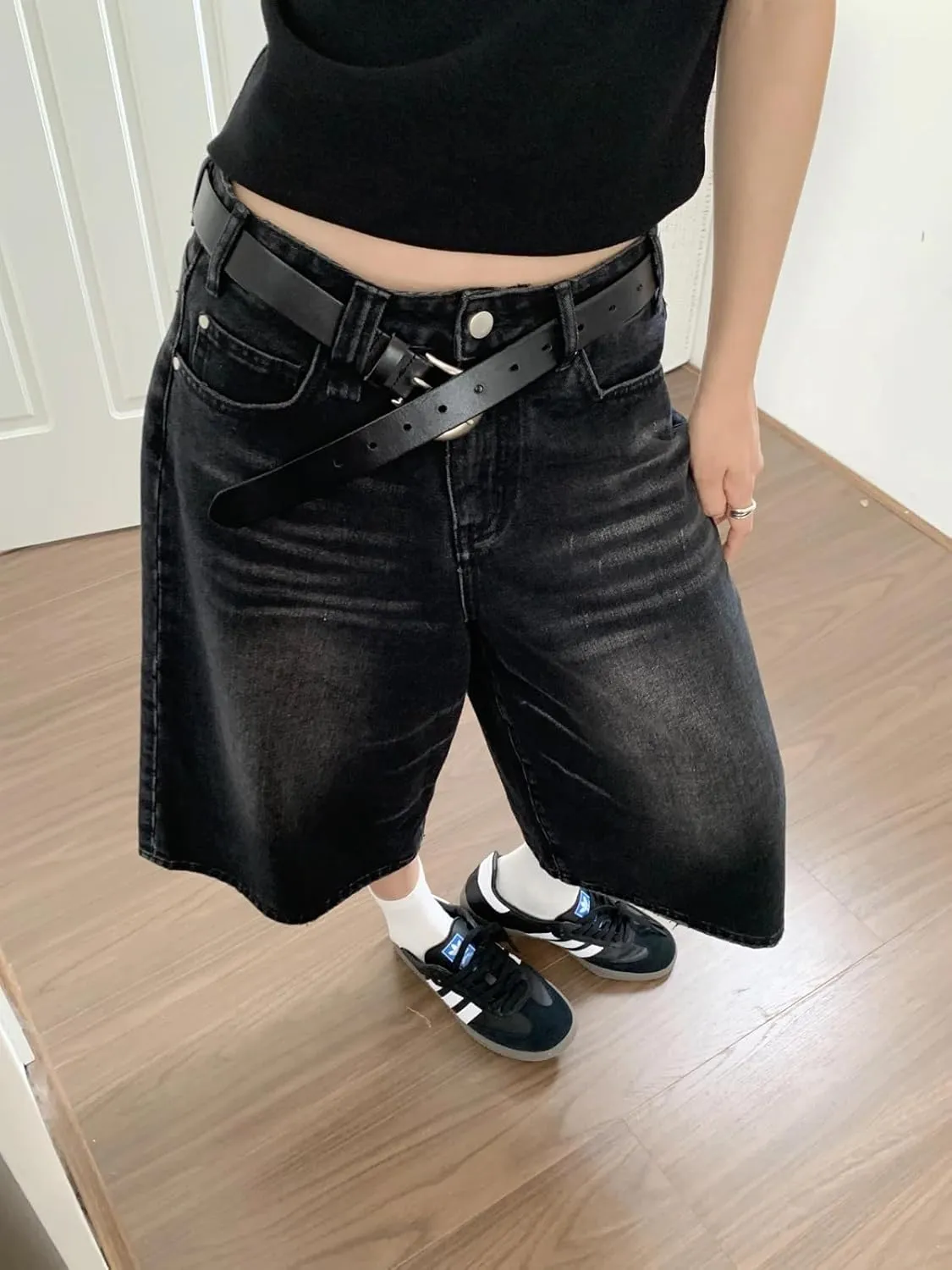 Baggy Unisex Y2k Style Denim Shorts Wide Leg Short Pants Fashion High Waisted Dark Wash Knee Length Jeans