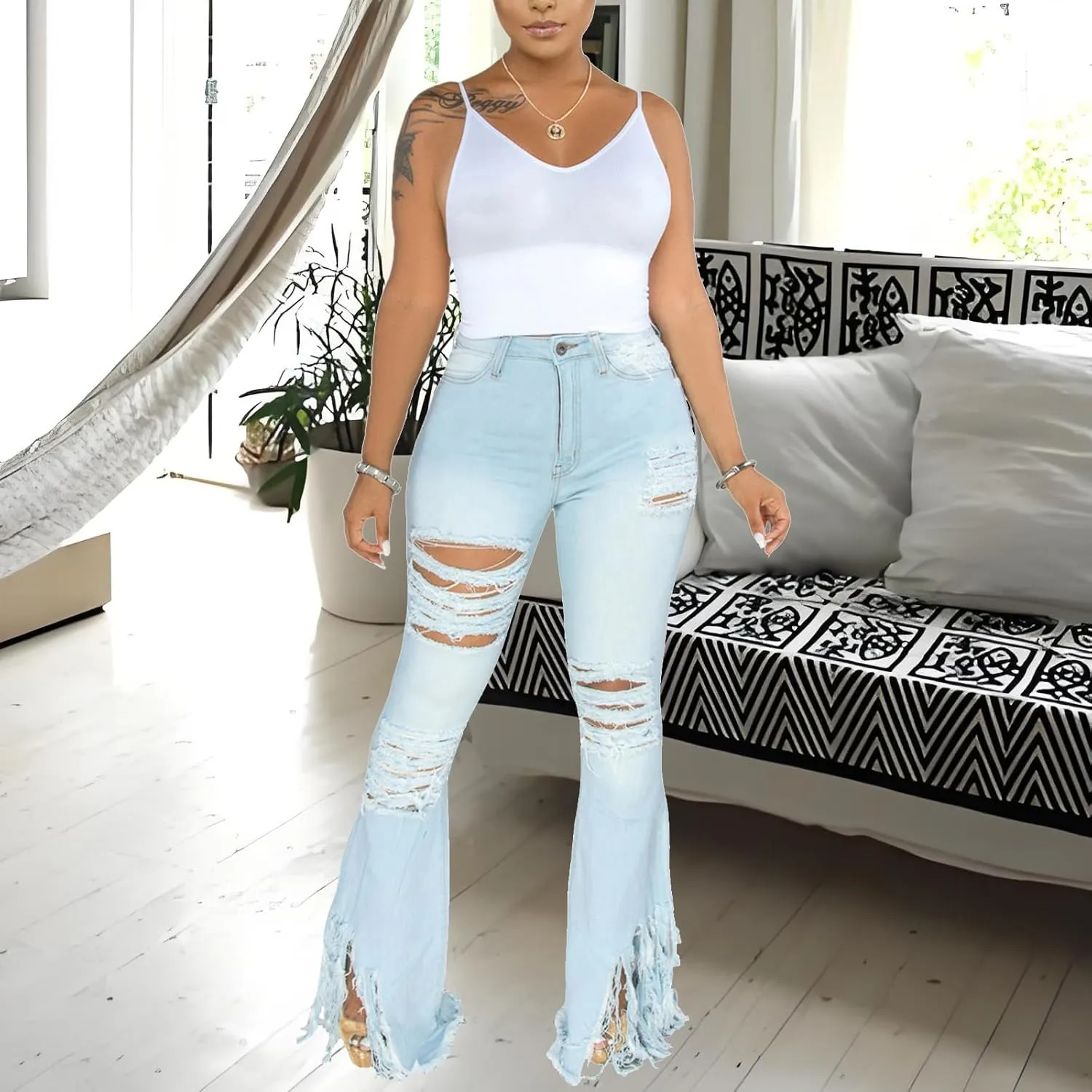Bell Bottom Jeans for Women Skinny Flared Jeans Elastic High Waisted Vintage 70s Classic Stretchy Wide Leg Denim Pants