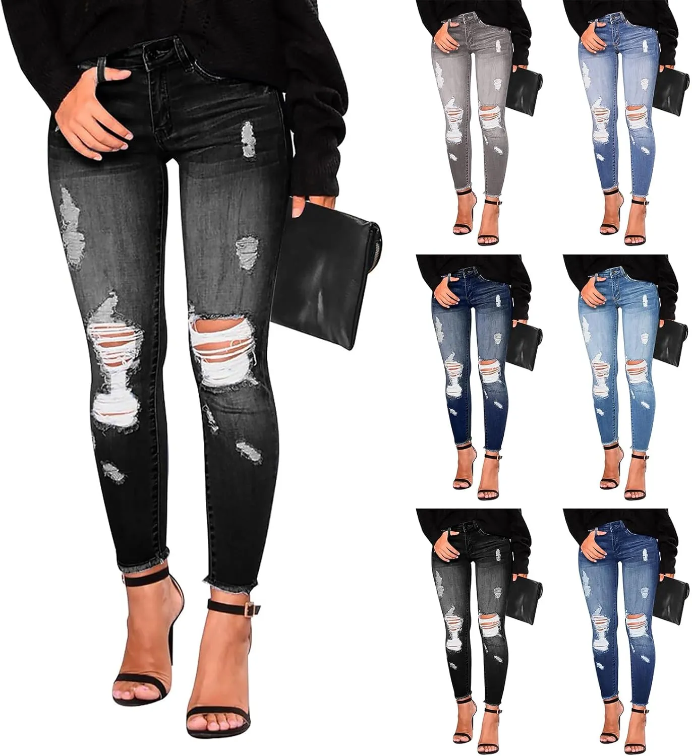 Black Skinny Jeans Women Stretchy High Waisted Ripped Jeans Tummy Control Distressed Denim Leggings with Pockets Slim Fit Comfy Jeggings Dark Wash Distressed Jeans Business Casual Dress Pants Trousers