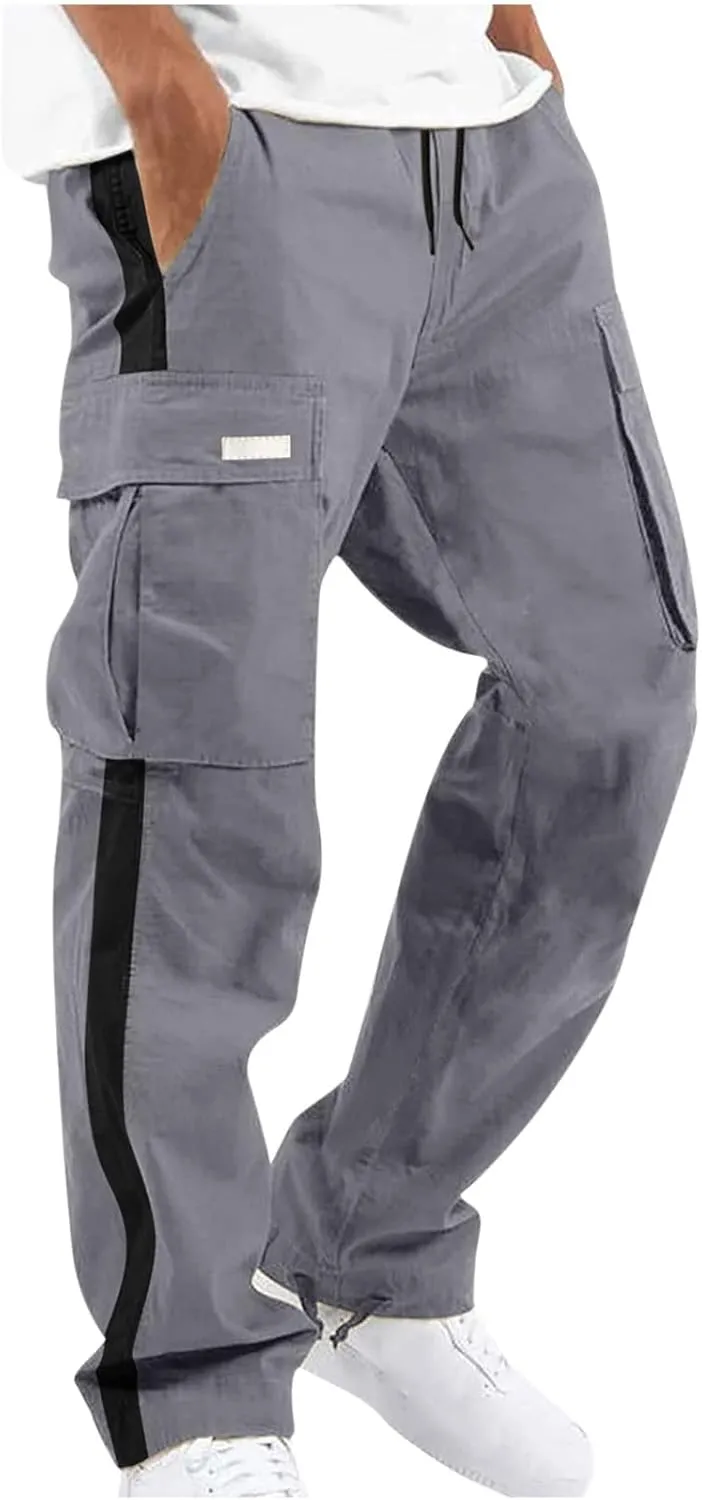 Cambkatl Men's Casual Cargo Pants Colorblock Straight Leg Workout Joggers Sweatpants Outdoor Hiking Pants with Multi-Pockets