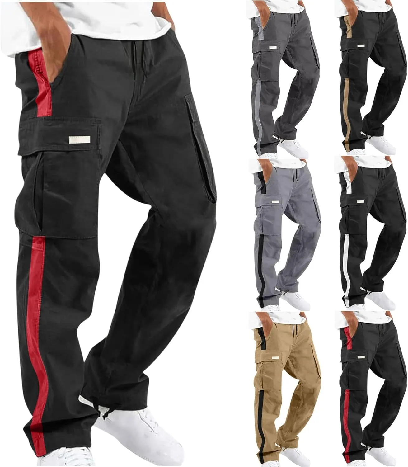 Cambkatl Men's Casual Cargo Pants Colorblock Straight Leg Workout Joggers Sweatpants Outdoor Hiking Pants with Multi-Pockets