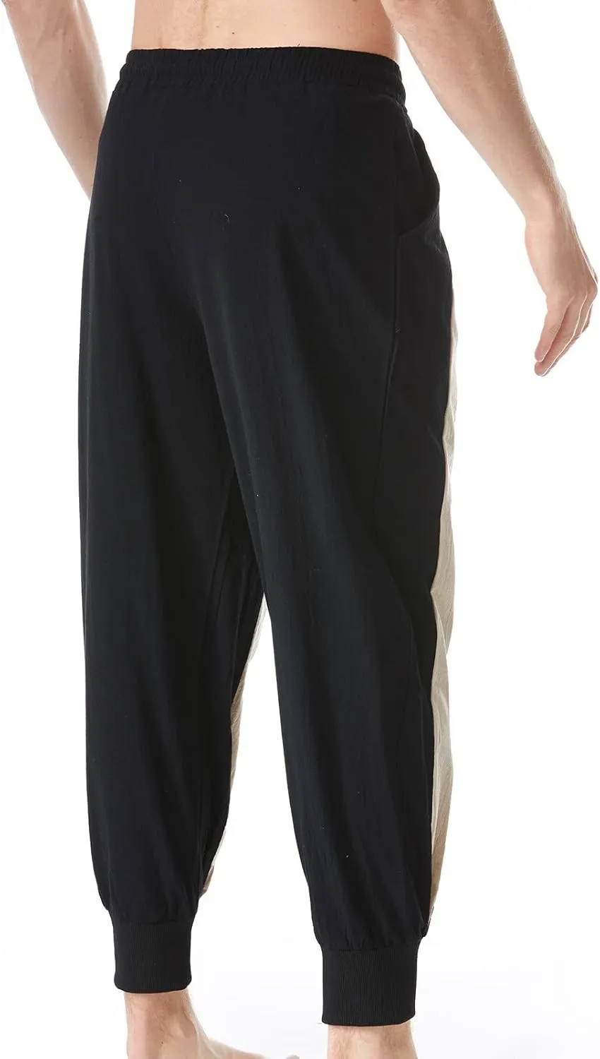 Cambkatl Men's Colorblock Linen Jogger Pants Lightweight Summer Yoga Golf Beach Sweatpants Lounge Trousers with Pockets