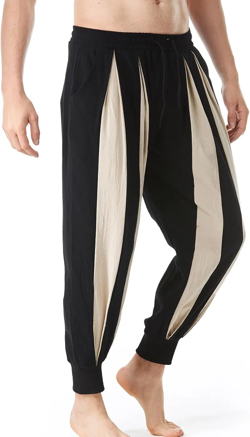 Cambkatl Men's Colorblock Linen Jogger Pants Lightweight Summer Yoga Golf Beach Sweatpants Lounge Trousers with Pockets