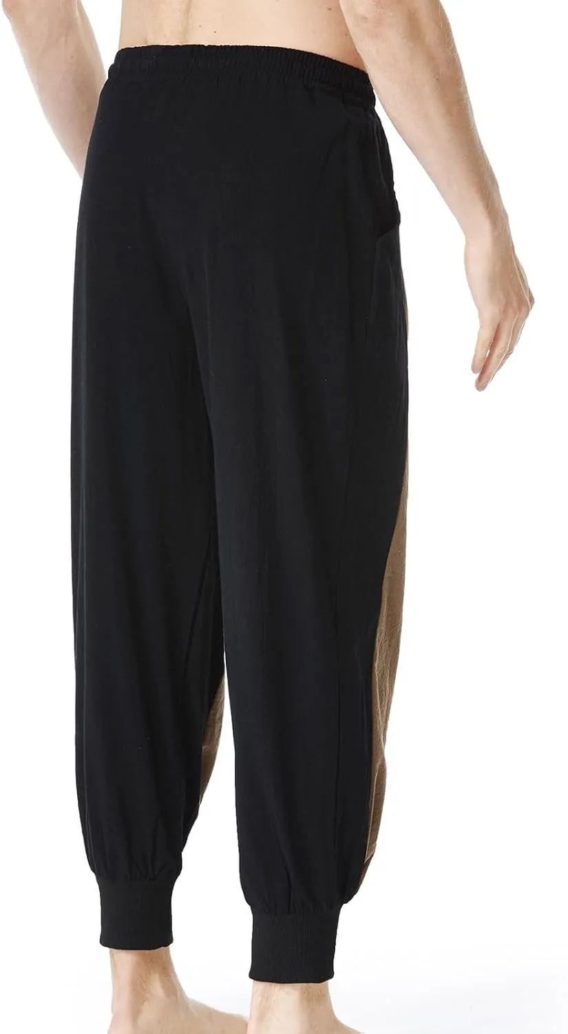 Cambkatl Men's Colorblock Linen Jogger Pants Lightweight Summer Yoga Golf Beach Sweatpants Lounge Trousers with Pockets