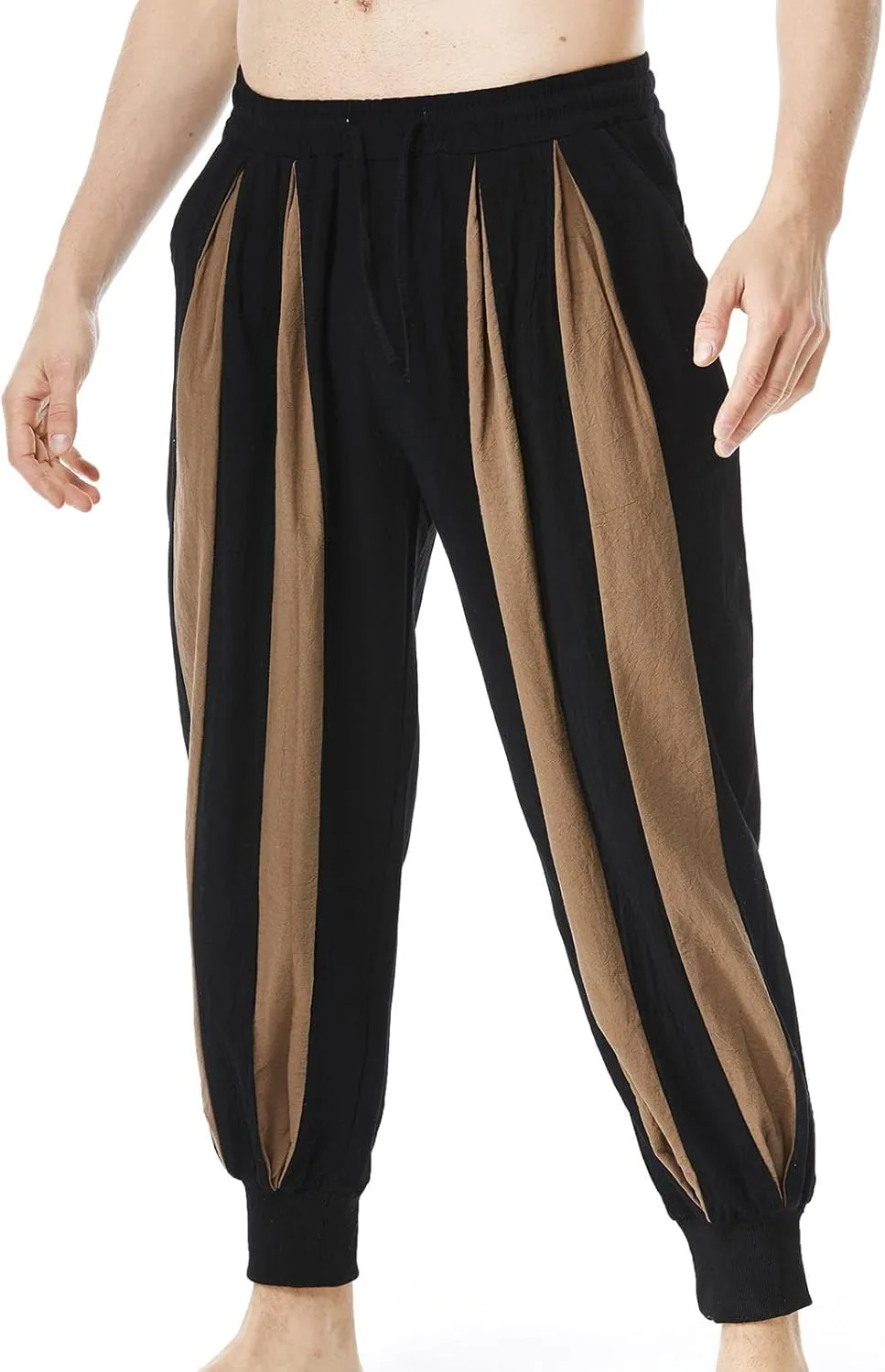 Cambkatl Men's Colorblock Linen Jogger Pants Lightweight Summer Yoga Golf Beach Sweatpants Lounge Trousers with Pockets
