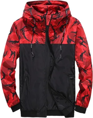 Camouflage Windbreaker Jacket for Men Colorblock Hooded Wind Jackets Slim Fit Casual Lightweight Jackets Rain Coats