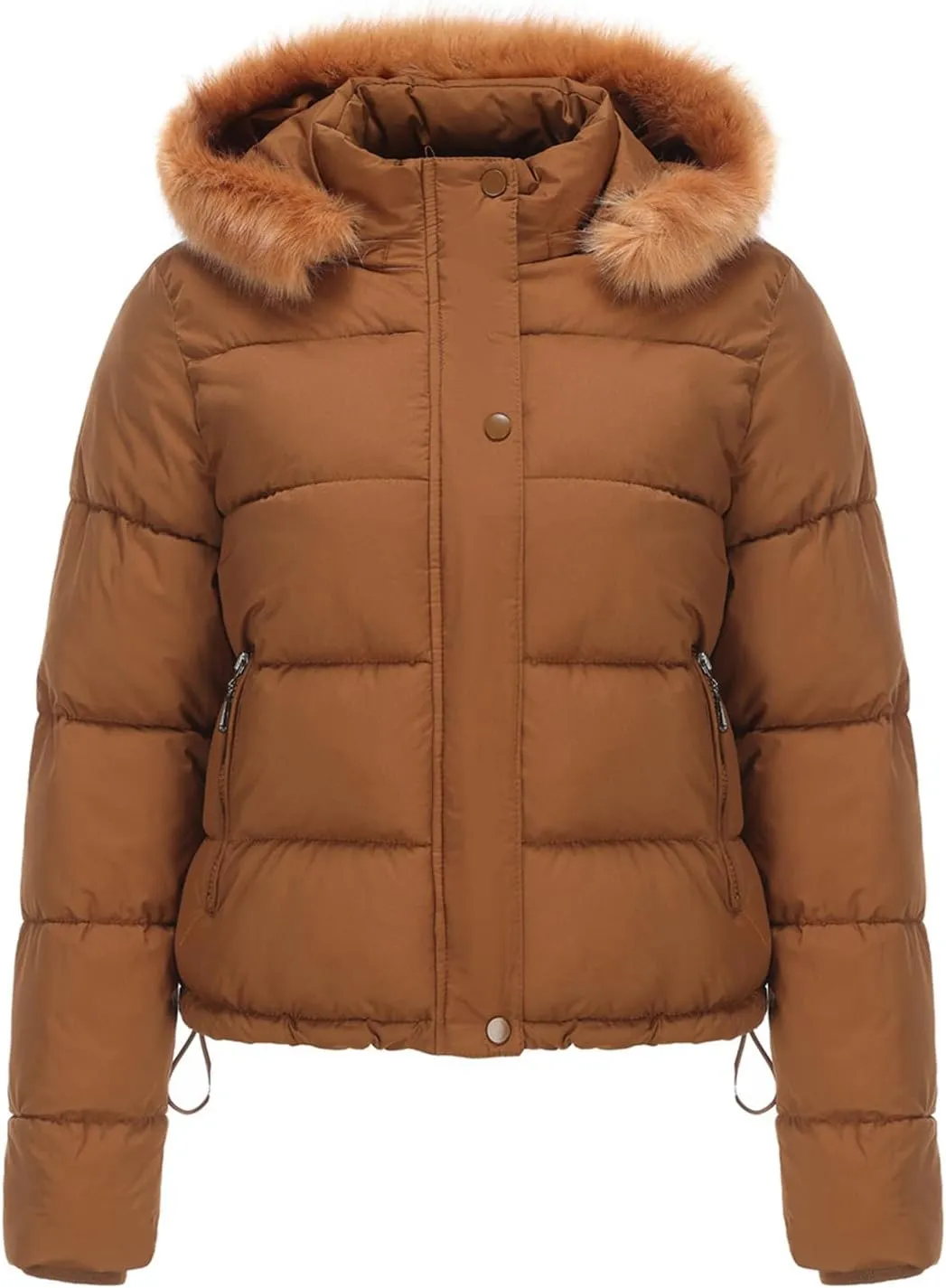 Canbebig Women's Faux Fur Collar Hooded Puffer Jacket Winter Short Zip Up Quilted Coat Warm Outwear with Zipper Fleece Lining