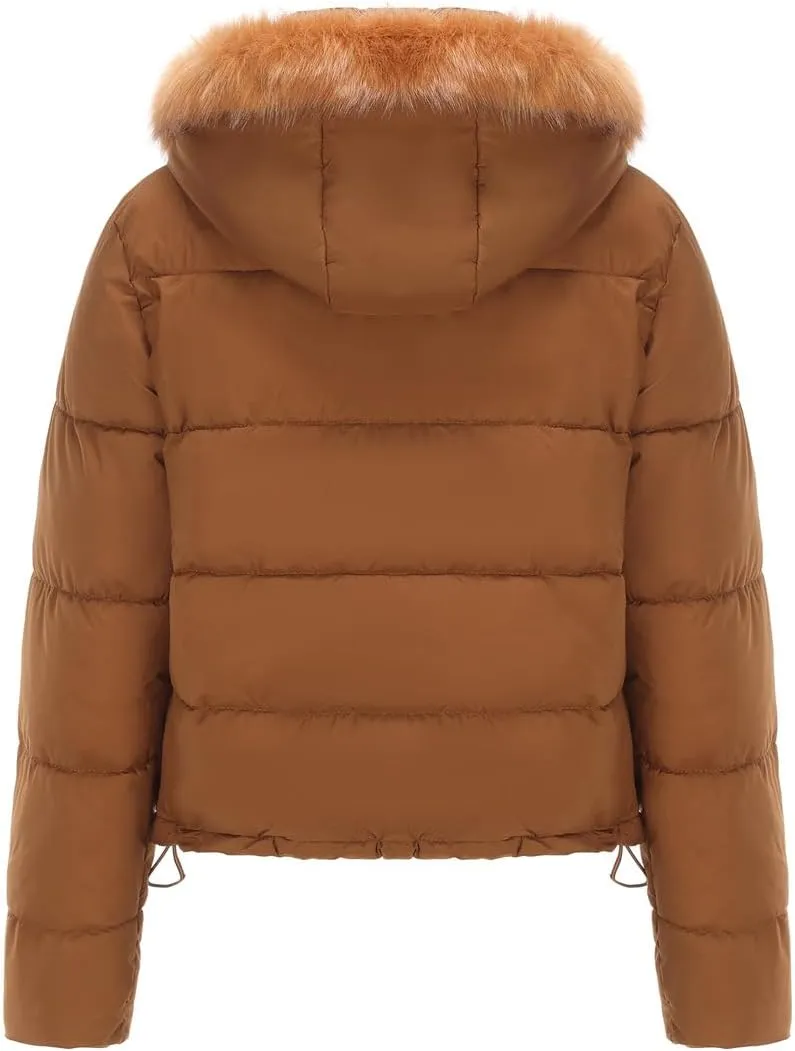 Canbebig Women's Faux Fur Collar Hooded Puffer Jacket Winter Short Zip Up Quilted Coat Warm Outwear with Zipper Fleece Lining