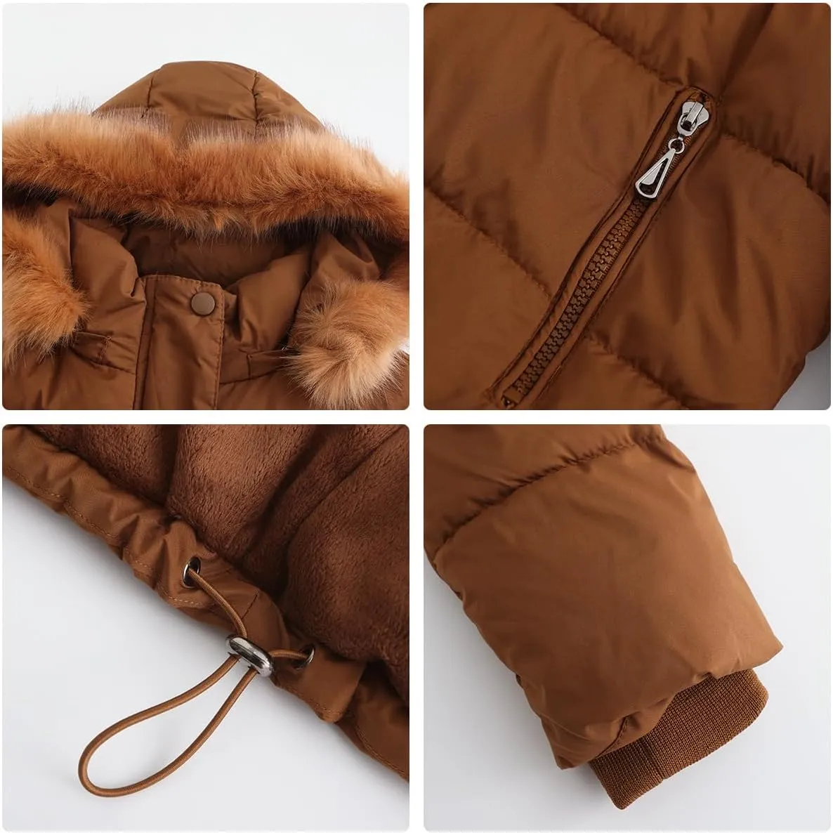 Canbebig Women's Faux Fur Collar Hooded Puffer Jacket Winter Short Zip Up Quilted Coat Warm Outwear with Zipper Fleece Lining