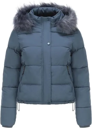 Canbebig Women's Faux Fur Collar Hooded Puffer Jacket Winter Short Zip Up Quilted Coat Warm Outwear with Zipper Fleece Lining