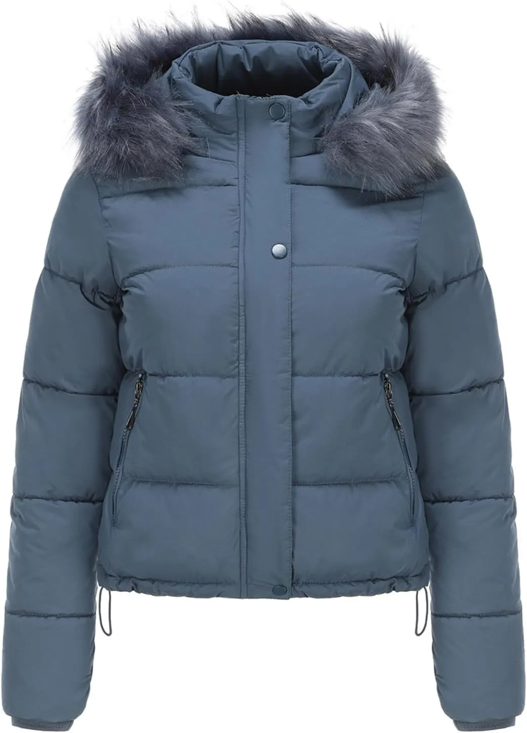 Canbebig Women's Faux Fur Collar Hooded Puffer Jacket Winter Short Zip Up Quilted Coat Warm Outwear with Zipper Fleece Lining