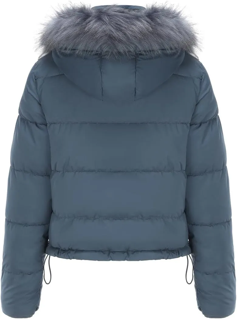 Canbebig Women's Faux Fur Collar Hooded Puffer Jacket Winter Short Zip Up Quilted Coat Warm Outwear with Zipper Fleece Lining