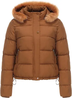 Canbebig Women's Faux Fur Collar Hooded Puffer Jacket Winter Short Zip Up Quilted Coat Warm Outwear with Zipper Fleece Lining