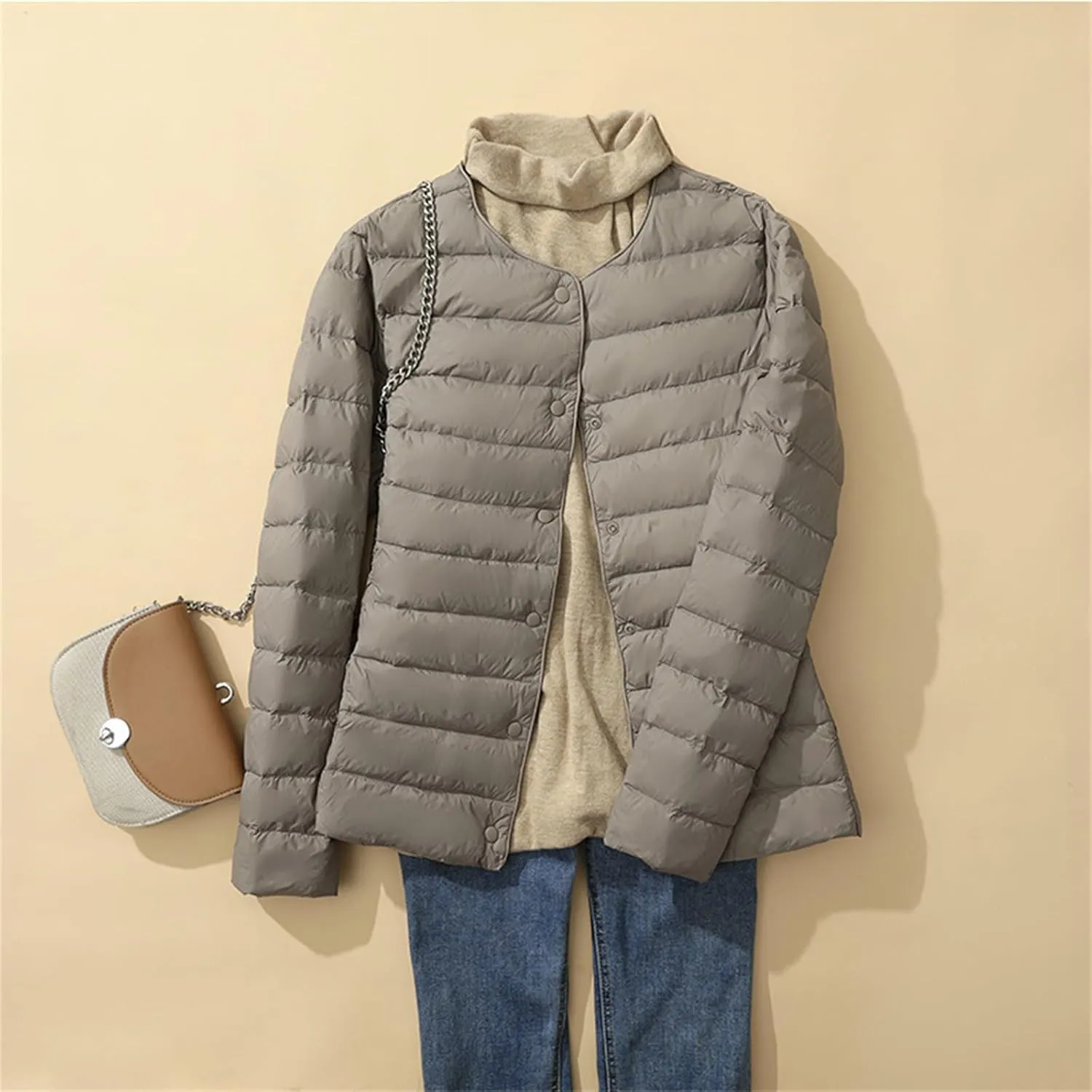 Canbebig Womens Quilted Jacket Lightweight Padding Coat Plus Size Button Down Puffer Jackets Collaless Winter Outwear Pockets