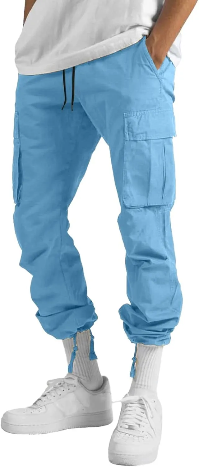 Cargo Pants for Men Relaxed Fit Mens Cargo Pants with Zipper Pockets Mens High Waisted Baggy Jogger Sweatpants Lounge
