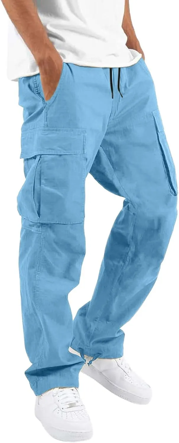 Cargo Pants for Men Relaxed Fit Mens Cargo Pants with Zipper Pockets Mens High Waisted Baggy Jogger Sweatpants Lounge