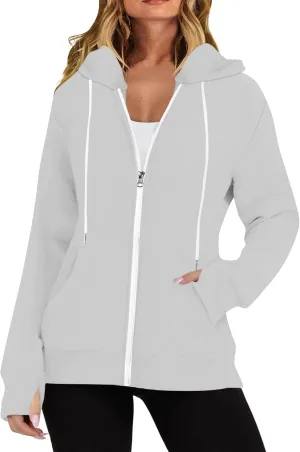 Casual Oversized Hoodies for Women Full Zip Long Sleeve Athletic Hooded Jackets 2024 Fall Drawstring Sweatshirts Tops