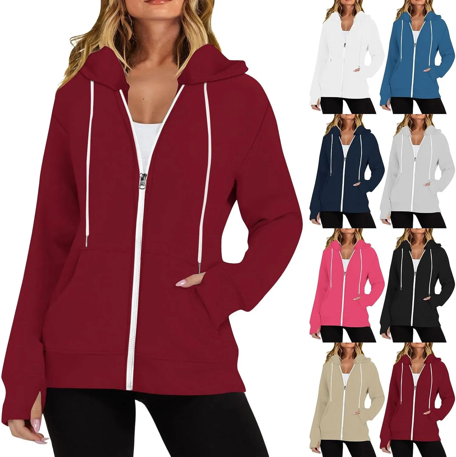 Casual Oversized Hoodies for Women Full Zip Long Sleeve Athletic Hooded Jackets 2024 Fall Drawstring Sweatshirts Tops