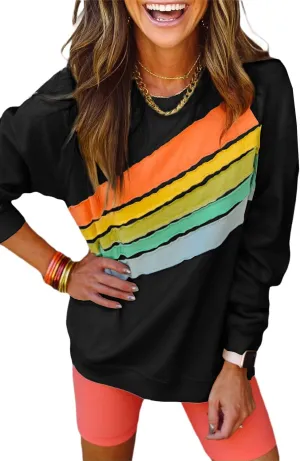 Chvity Womens Rainbow Colorblock Striped Sweatshirt Long Sleeve Crewneck Casual Solid Fall Pullover Tops