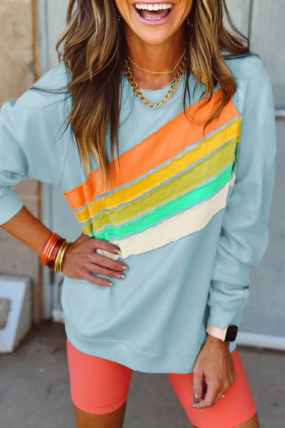 Chvity Womens Rainbow Colorblock Striped Sweatshirt Long Sleeve Crewneck Casual Solid Fall Pullover Tops