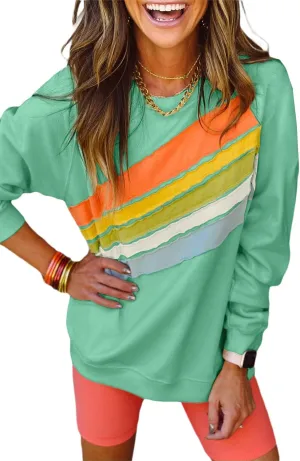 Chvity Womens Rainbow Colorblock Striped Sweatshirt Long Sleeve Crewneck Casual Solid Fall Pullover Tops