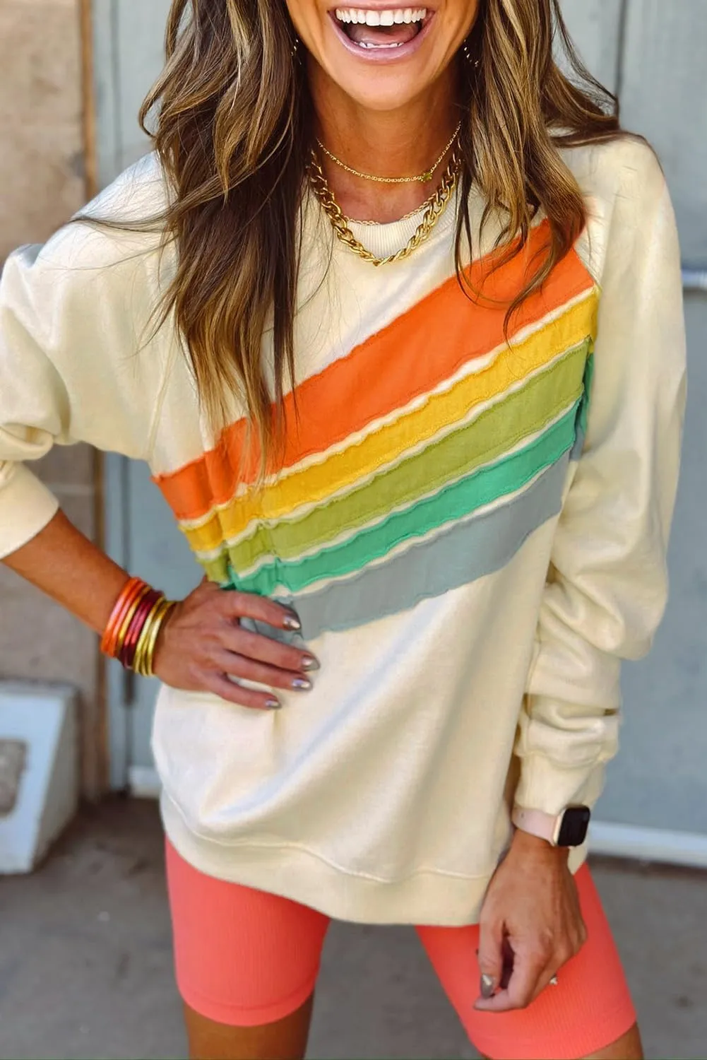 Chvity Womens Rainbow Colorblock Striped Sweatshirt Long Sleeve Crewneck Casual Solid Fall Pullover Tops