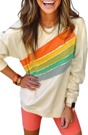 Chvity Womens Rainbow Colorblock Striped Sweatshirt Long Sleeve Crewneck Casual Solid Fall Pullover Tops