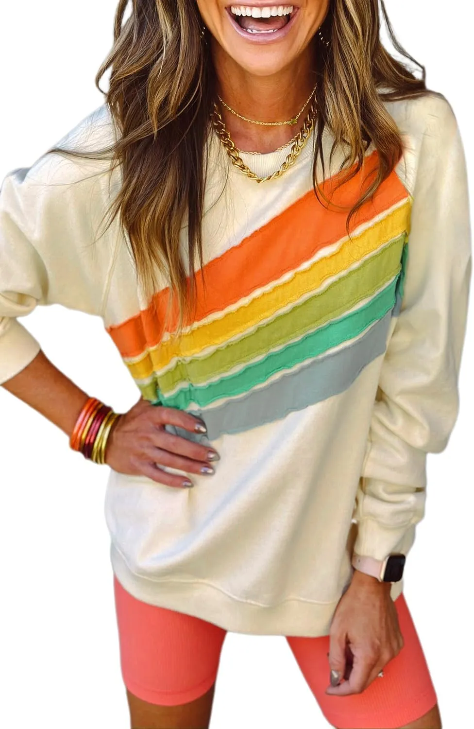 Chvity Womens Rainbow Colorblock Striped Sweatshirt Long Sleeve Crewneck Casual Solid Fall Pullover Tops