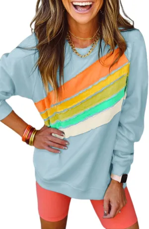 Chvity Womens Rainbow Colorblock Striped Sweatshirt Long Sleeve Crewneck Casual Solid Fall Pullover Tops