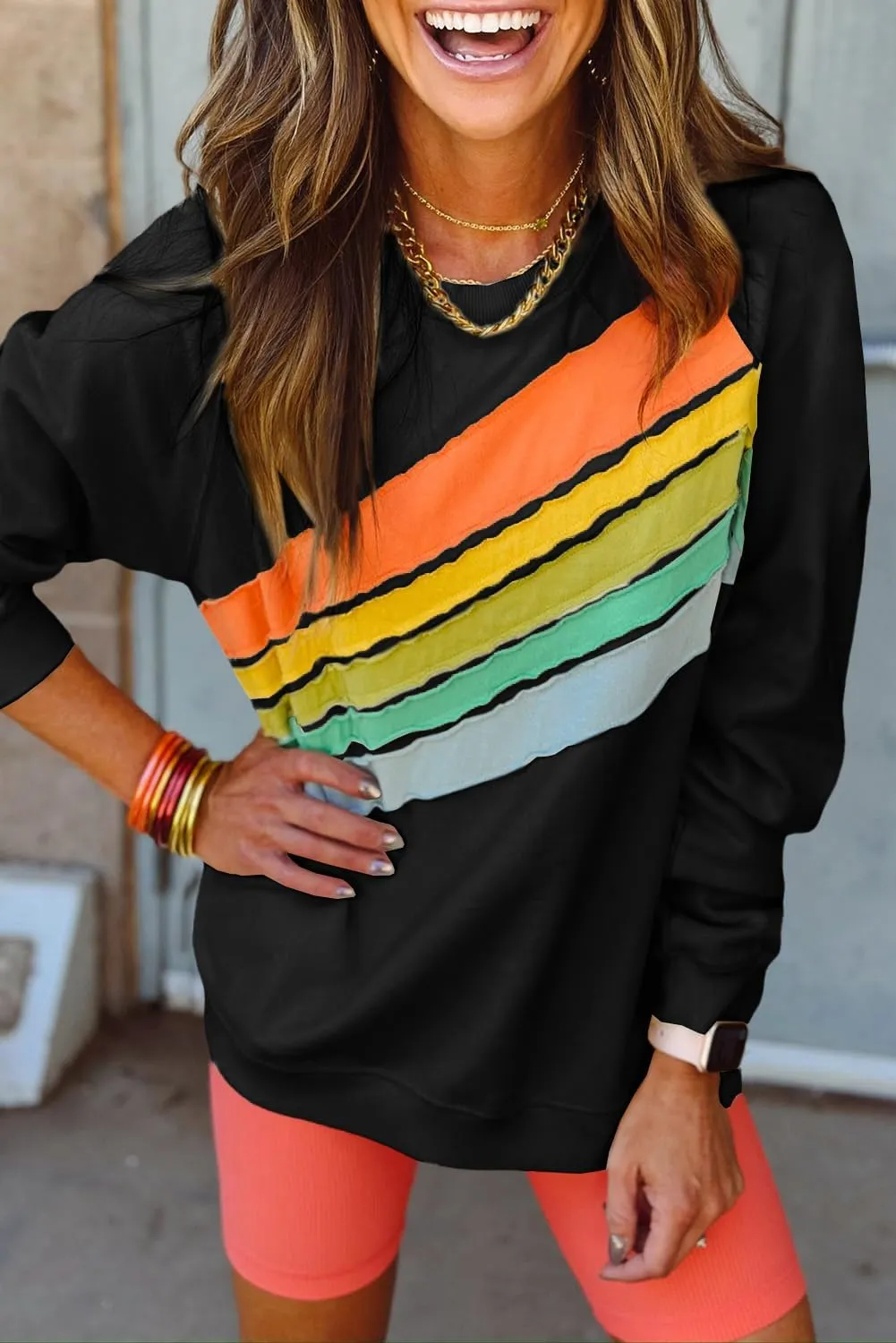 Chvity Womens Rainbow Colorblock Striped Sweatshirt Long Sleeve Crewneck Casual Solid Fall Pullover Tops