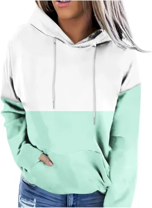Colorblock Hoodie for Women Long Sleeve Pullover Drawstring Sweatshirt Kangaroo Pocket Top Fall Goingout Athleisure