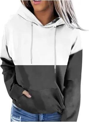 Colorblock Hoodie for Women Long Sleeve Pullover Drawstring Sweatshirt Kangaroo Pocket Top Fall Goingout Athleisure