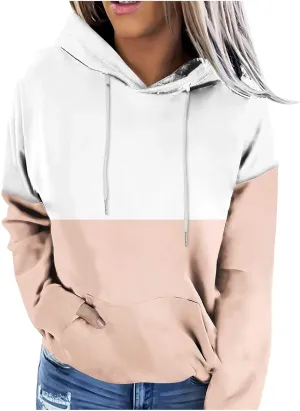Colorblock Hoodie for Women Long Sleeve Pullover Drawstring Sweatshirt Kangaroo Pocket Top Fall Goingout Athleisure