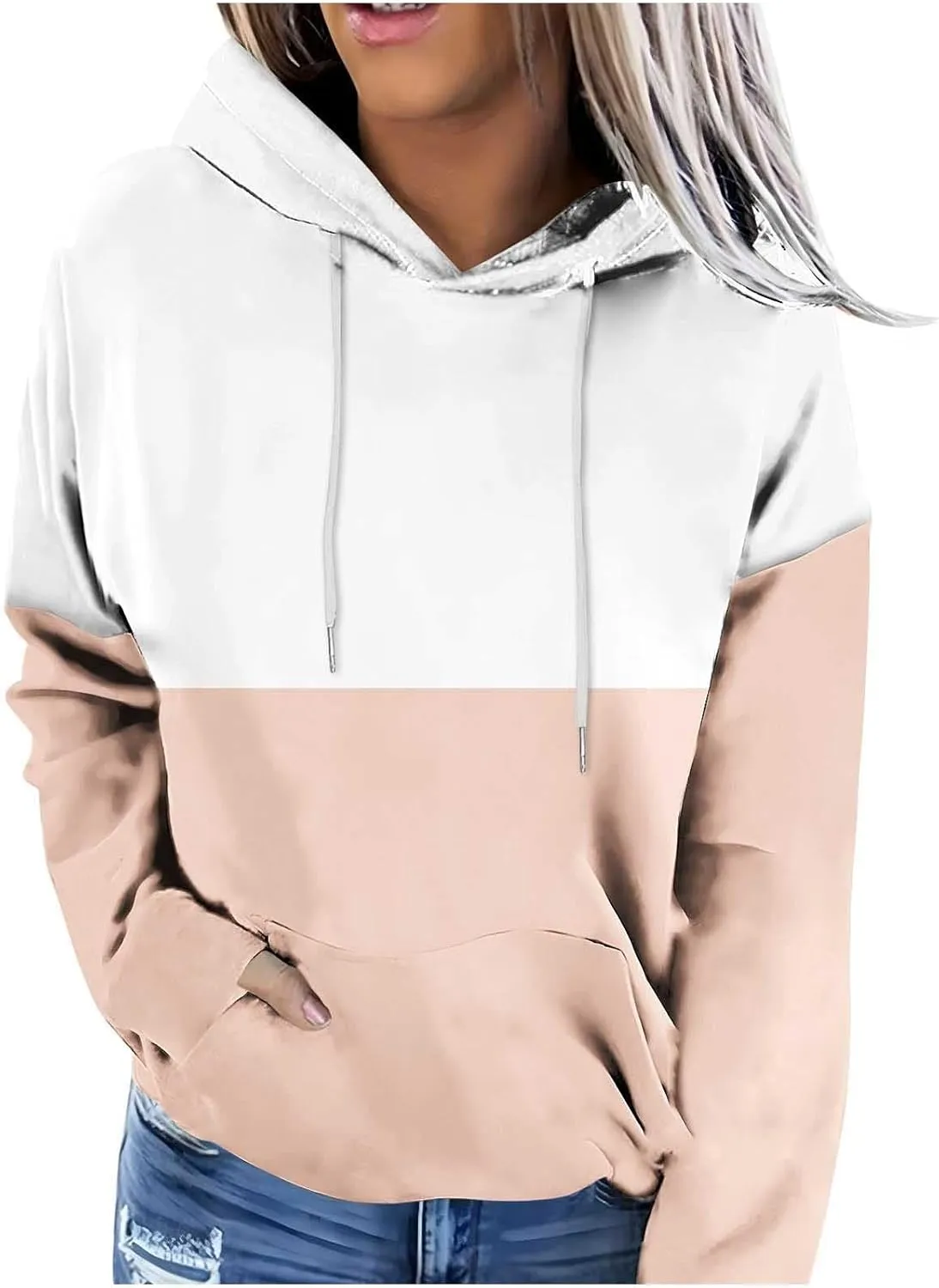 Colorblock Hoodie for Women Long Sleeve Pullover Drawstring Sweatshirt Kangaroo Pocket Top Fall Goingout Athleisure