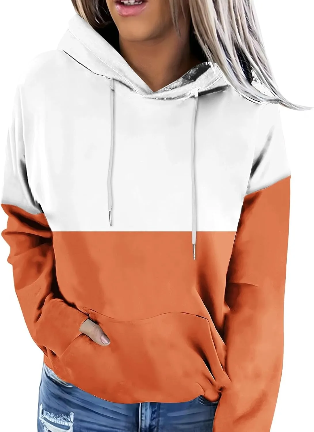 Colorblock Hoodie for Women Long Sleeve Pullover Drawstring Sweatshirt Kangaroo Pocket Top Fall Goingout Athleisure