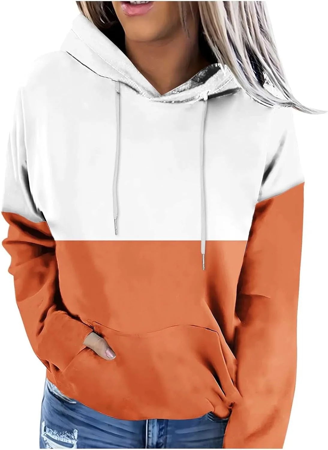 Colorblock Hoodie for Women Long Sleeve Pullover Drawstring Sweatshirt Kangaroo Pocket Top Fall Goingout Athleisure