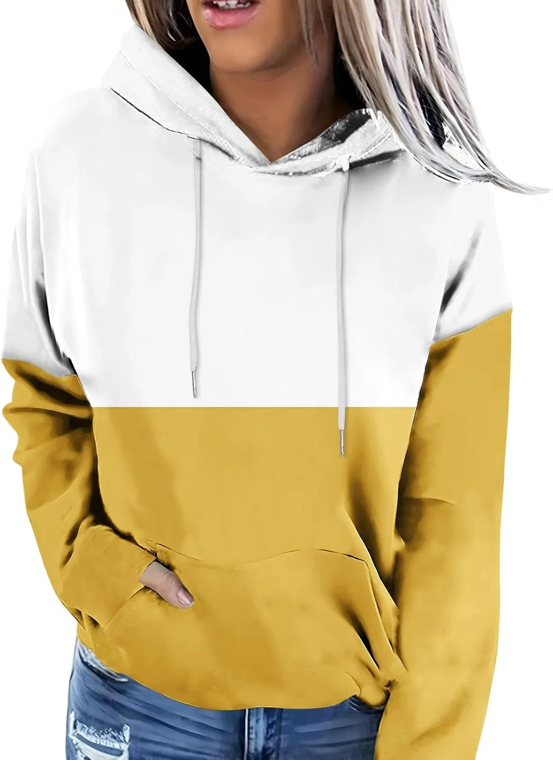 Colorblock Hoodie for Women Long Sleeve Pullover Drawstring Sweatshirt Kangaroo Pocket Top Fall Goingout Athleisure