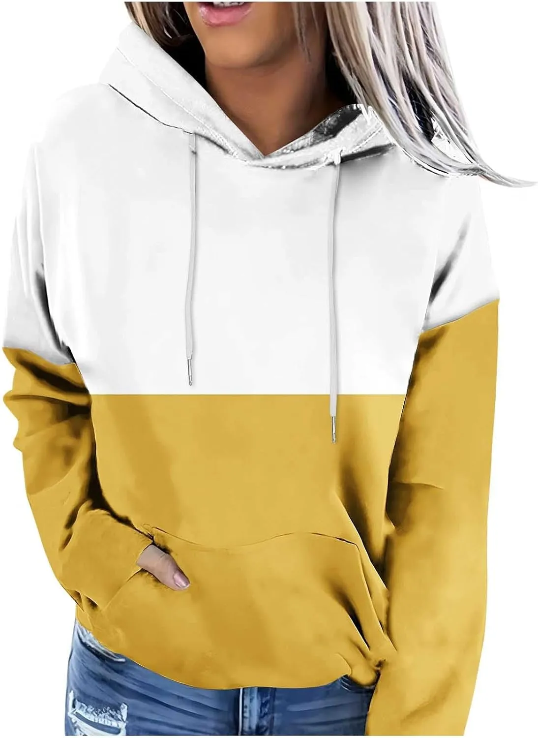 Colorblock Hoodie for Women Long Sleeve Pullover Drawstring Sweatshirt Kangaroo Pocket Top Fall Goingout Athleisure