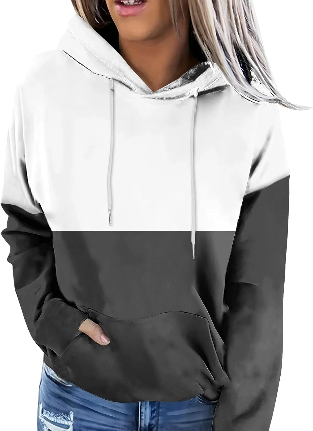 Colorblock Hoodie for Women Long Sleeve Pullover Drawstring Sweatshirt Kangaroo Pocket Top Fall Goingout Athleisure