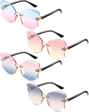 Coume 4 Pairs Kid Toddler Girls Sunglasses Rimless Butterfly Shaped Pink Trendy Cute Fairy Transparent Vintage 90s Sunglasses Outdoor Beach Eyewear