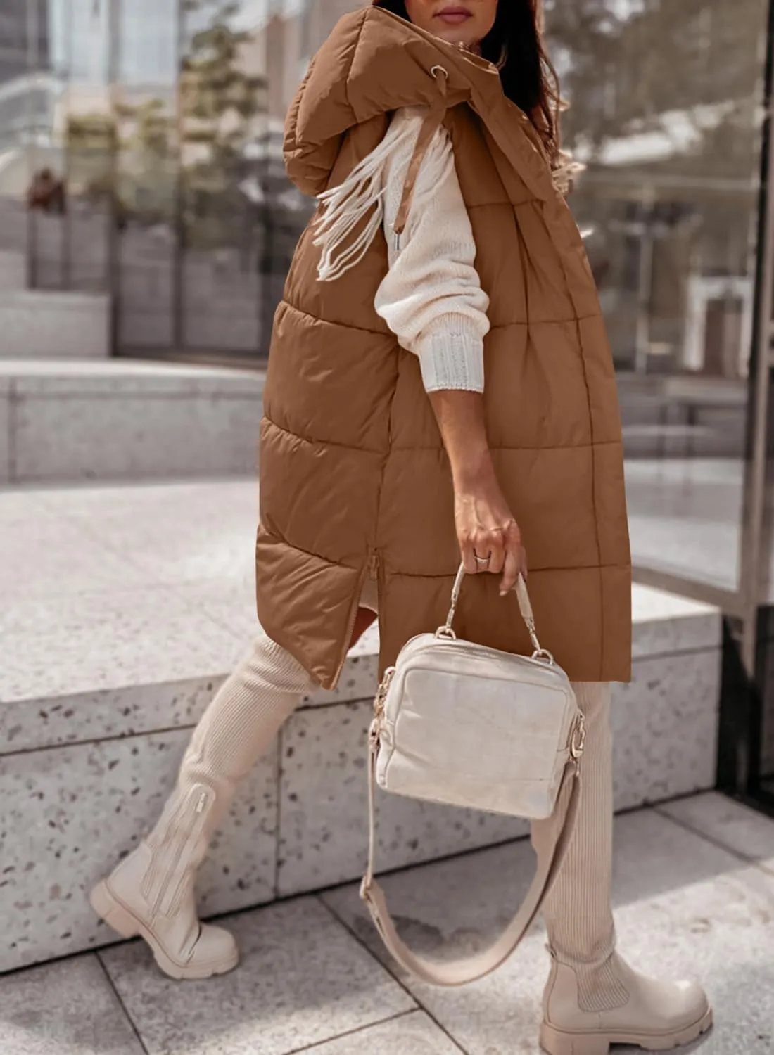 Danedvi Women's Winter Hooded Puffer Vest Side Zip up Casual Sleeveless Long Coats Jacket