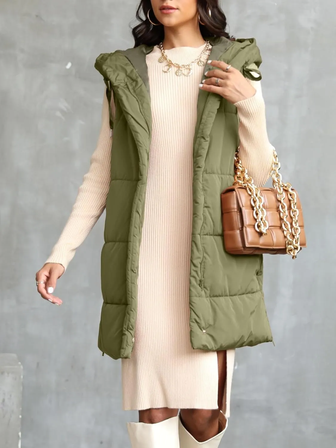Danedvi Women's Winter Hooded Puffer Vest Side Zip up Casual Sleeveless Long Coats Jacket