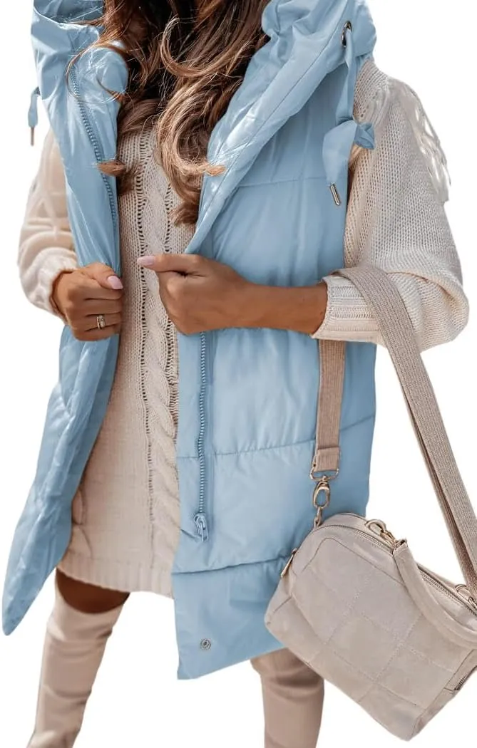 Danedvi Women's Winter Hooded Puffer Vest Side Zip up Casual Sleeveless Long Coats Jacket