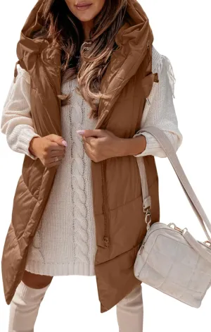 Danedvi Women's Winter Hooded Puffer Vest Side Zip up Casual Sleeveless Long Coats Jacket