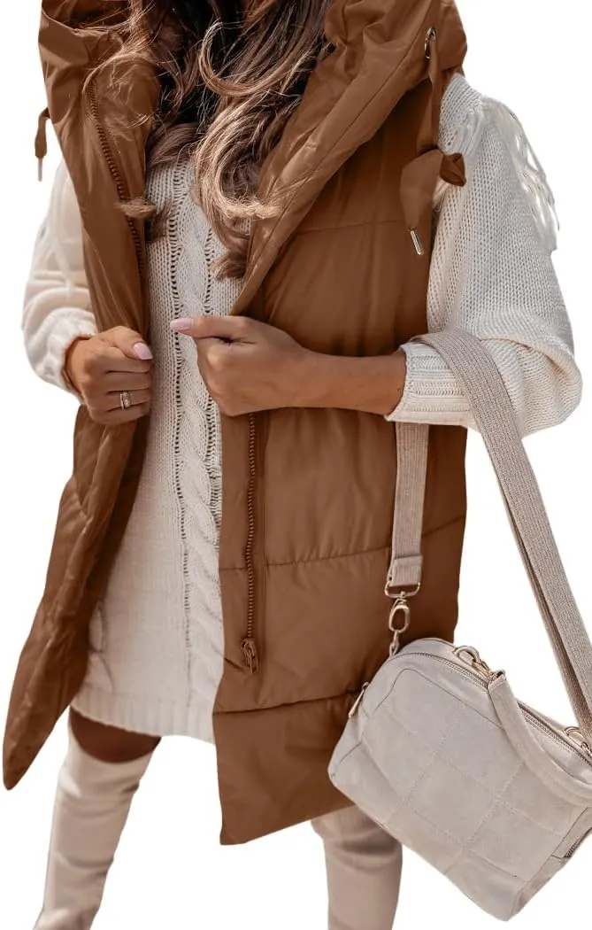Danedvi Women's Winter Hooded Puffer Vest Side Zip up Casual Sleeveless Long Coats Jacket