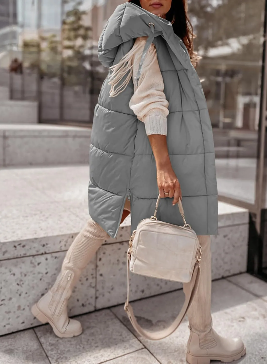 Danedvi Women's Winter Hooded Puffer Vest Side Zip up Casual Sleeveless Long Coats Jacket