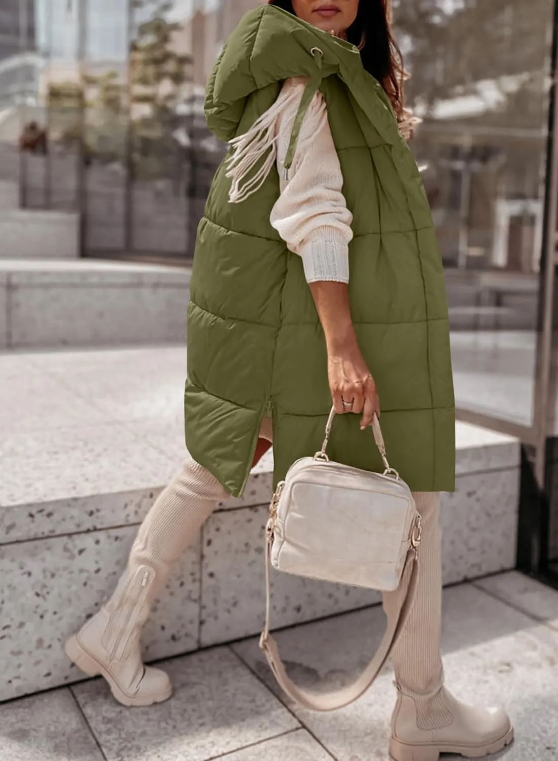 Danedvi Women's Winter Hooded Puffer Vest Side Zip up Casual Sleeveless Long Coats Jacket