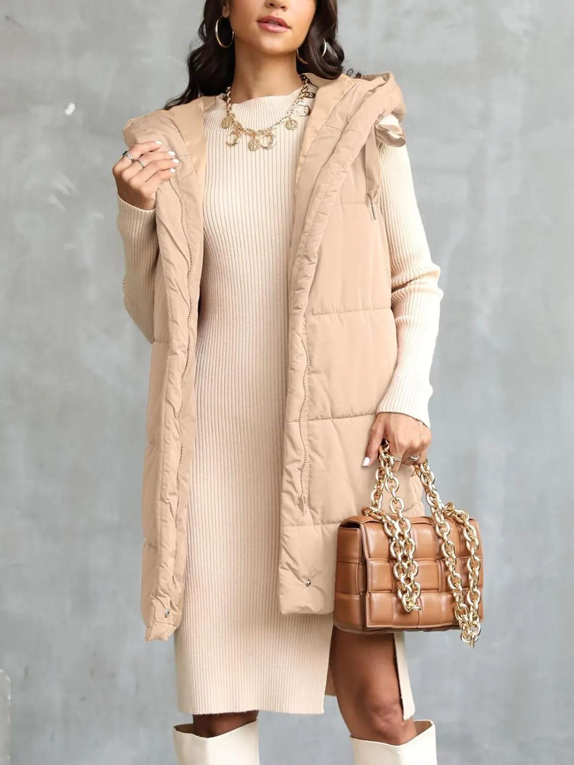 Danedvi Women's Winter Hooded Puffer Vest Side Zip up Casual Sleeveless Long Coats Jacket