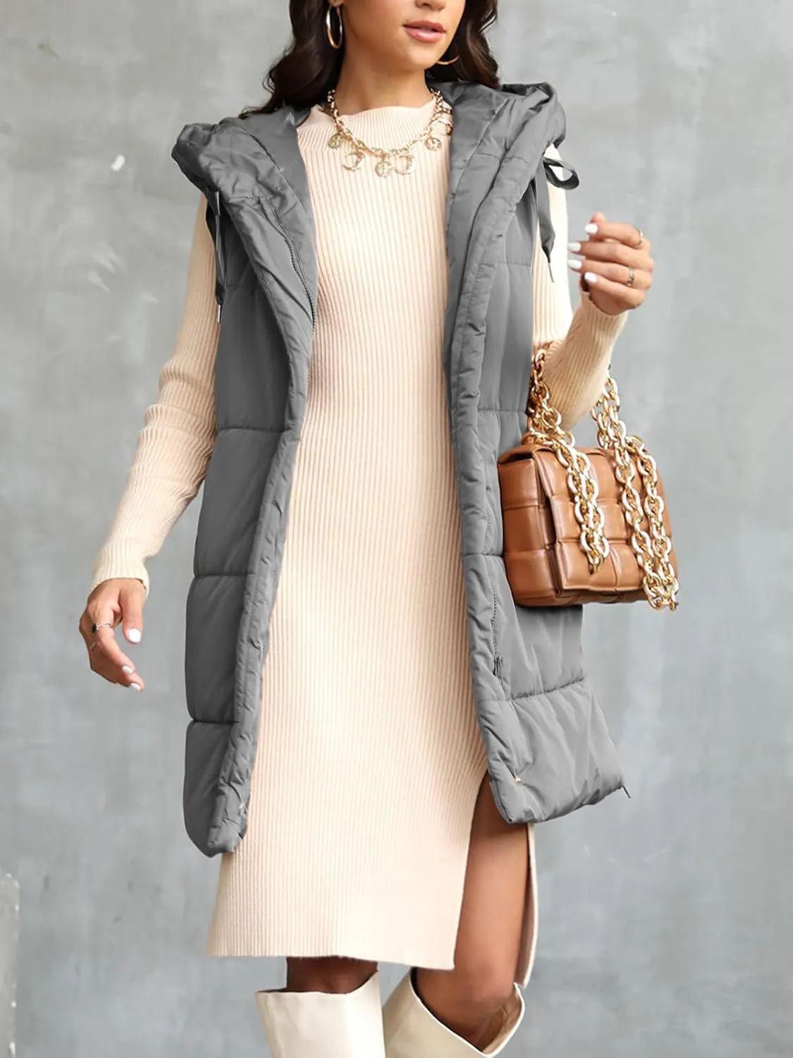 Danedvi Women's Winter Hooded Puffer Vest Side Zip up Casual Sleeveless Long Coats Jacket